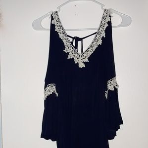 V Neck Open Shoulder Navy Blue Loose Top